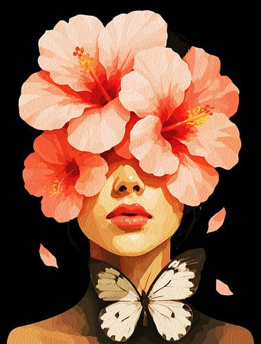 Hibiscus & Vlinder Muurkunst - Moderne Botanische Bloemenprint voor Elegant Home Decor