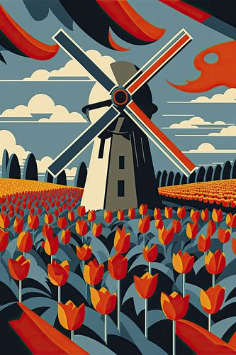 Minimalistisch Nederlands tulpenveld met een molen