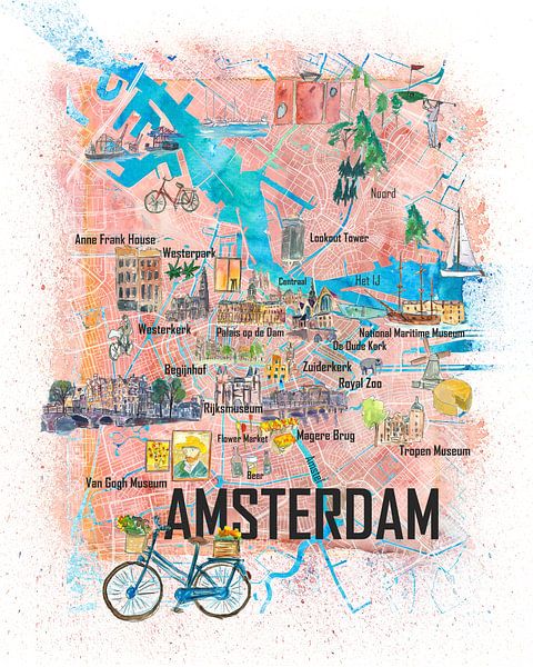 Amsterdam Netherlands Illustrated Map by Markus Bleichner