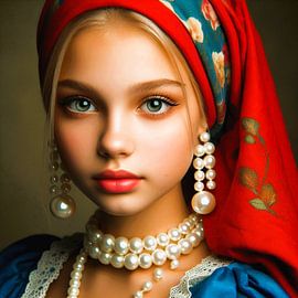 Girl with the pearls and red headscarf.