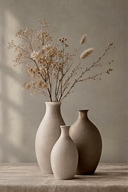 Stillleben aus minimalistischen Keramikvasen mit Trockenblumen in Sandtönen von STUDIO ARTSY