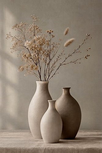 Stilleven van Minimalistische Keramieken Vazen met Droogbloemen in Zandtinten