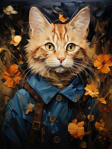 Elegante rode kat met mantel – kunstwerk
