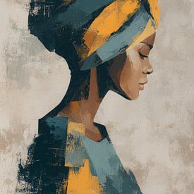 Abstract portret van een vrouw met hoofddoek in okergeel en blauwgrijs van But First Framing