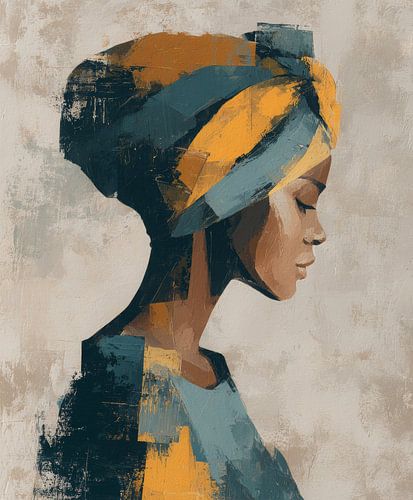 Portrait abstrait d'une femme avec foulard en jaune ocre et bleu-gris
