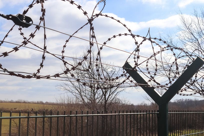 Close up of barbed wire on border fence by MPfoto71