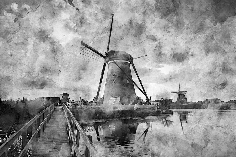 Aquarel molens Kinderdijk van Peter Bolman