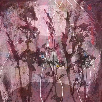 Moderne abstracte botanische kunst. Bloemen en planten in roze, paars, bruin. van Dina Dankers