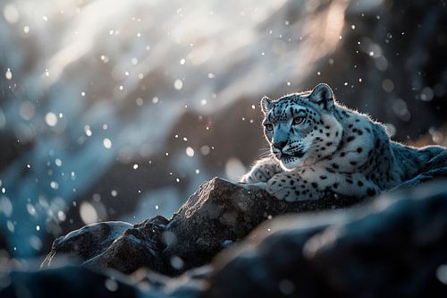 Sneeuwluipaard in een stormachtig landschap
