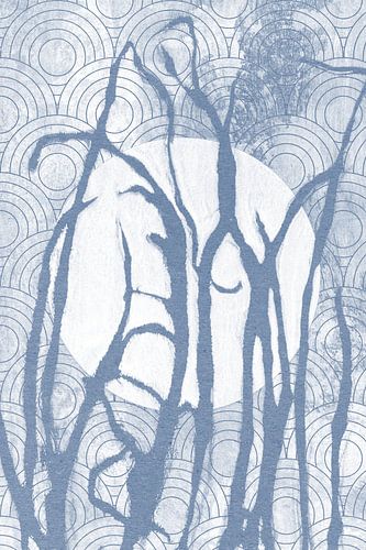 Ikigai.  Blauw gras en maan. Abstracte minimalistische Zen kunst. Japanse stijl IX