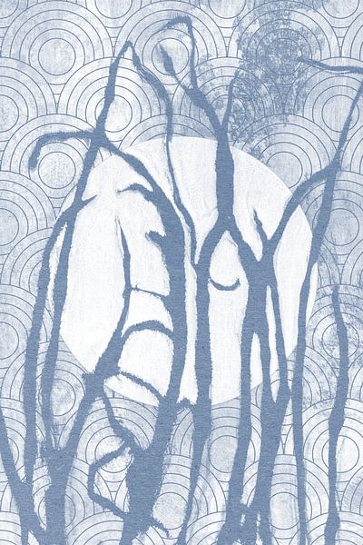 Ikigai.  Blue Grass and Moon. Abstract minimalist Zen art. Japandi style  IX by Dina Dankers
