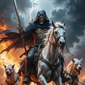 MORTEXIS – Un Grim Reaper chevauche son cheval avec deux chiens infernaux à travers le champ de bata sur INFERAURUM