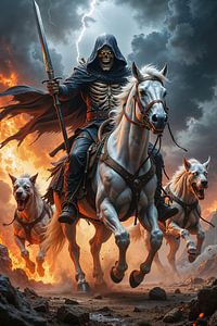 Dark Fantasy Wandbild: MORTEXIS – Ein Grim Reaper reitet auf seinem Pferd und mit zwei Höllenhunden über das Schlachtfeld
