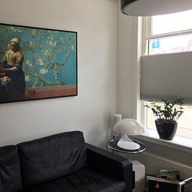 Customer photo: Milkmaid by Vermeer with Almond blossom wallpaper by Gogh by Lia Morcus, on canvas