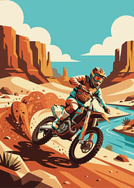 Ein Motocross-Fahrer rast durch eine felsige, rote Wüstenschlucht in der Nähe eines Baches