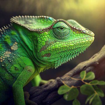 Green chameleon on a branch, Art illustration by Animaflora PicsStock