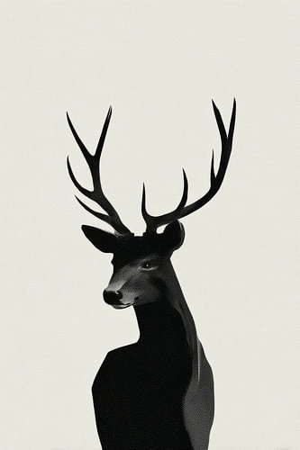 Deer with Antlers in a Minimalist Black-and-White Portrait