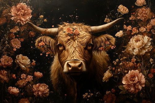 Timeless Elegance - Scottish Highlander cow in Floral - warm - orange