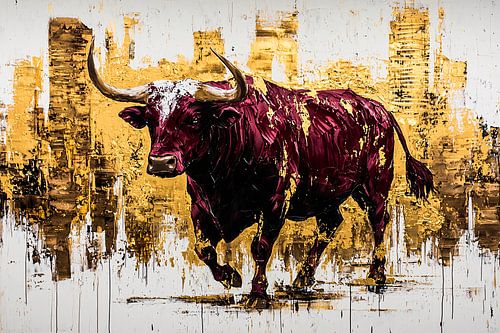 Krachtige stier voor gouden skyline