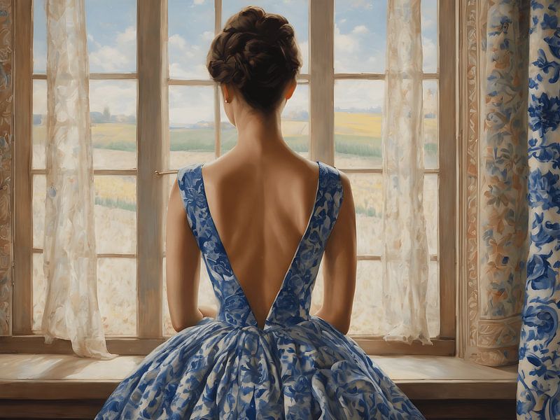 A portrait of a lady in a delft blue dress by Jolique Arte