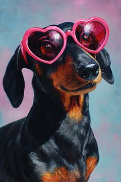 Teckel avec lunettes roses en forme de cœur dans une lumière pastel sur Eva Lee