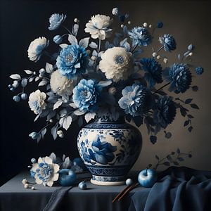 Nature morte ; vase bleu de Delft avec des fleurs blanches et bleues
