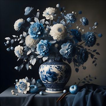 Stilleven; Delftsblauwe vaas met witte en blauwe bloemen van Jessica Berendsen