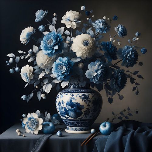 Still life; Delft blue vase with white and blue flowers