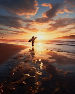 Surfers in de zonsondergang van fernlichtsicht