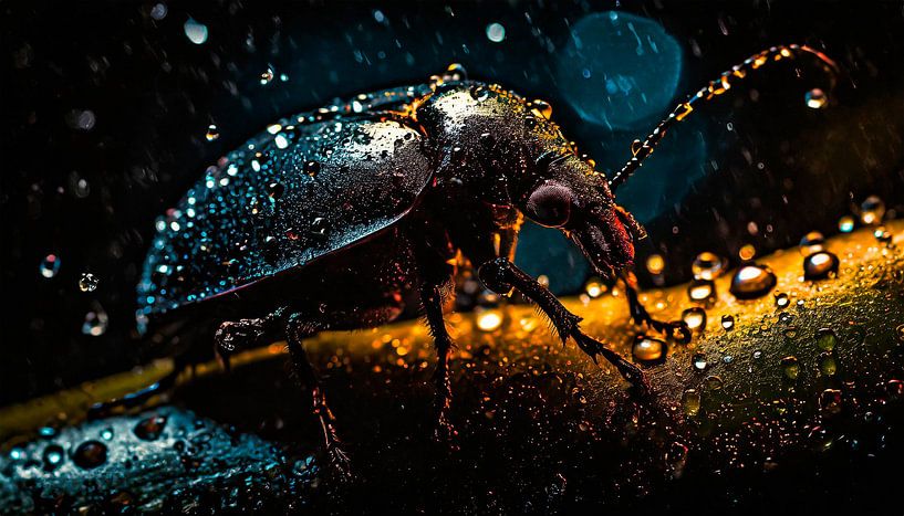 Beetle in the rain with raindrops by Mustafa Kurnaz