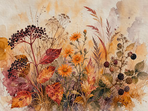 Herbstliches Stillleben: Ein warmes Aquarell mit Beeren und Wildblumen