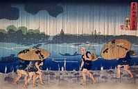 Mensen lopend onder paraplu's langs de kust tijdens een regenbui, Utagawa Kuniyoshi van Meesterlijcke Meesters thumbnail
