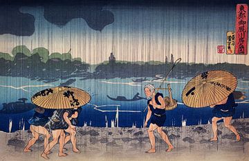 Mensen lopend onder paraplu's langs de kust tijdens een regenbui, Utagawa Kuniyoshi