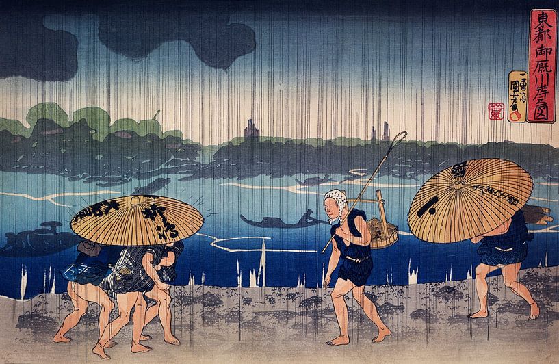Mensen lopend onder paraplu's langs de kust tijdens een regenbui, Utagawa Kuniyoshi van Meesterlijcke Meesters