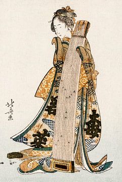 Japanse kunst ukiyo-e. Japanse vrouw door Katsushika Hokusai in aardetinten van Dina Dankers