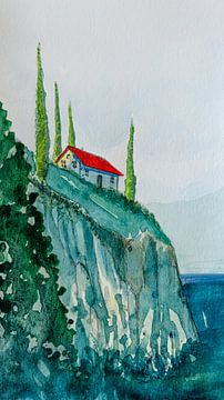 Huis aan de Italiaanse kust | Aquarel schilderij | 19:6 van WatercolorWall