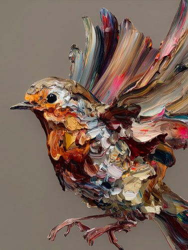 Oiseau expressif peint avec des couleurs vives sur But First Framing