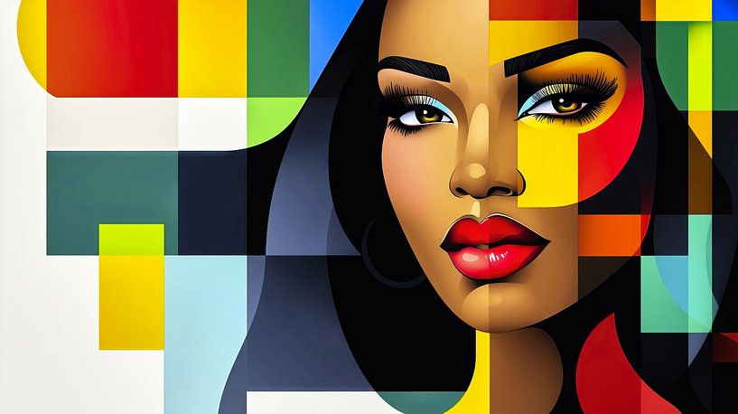 Elegant black woman in front of graphic design by Frank Heinz