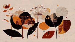 Gemischte Medienkunst. Botanische Formen in Schwarz, Terrakotta und Gold