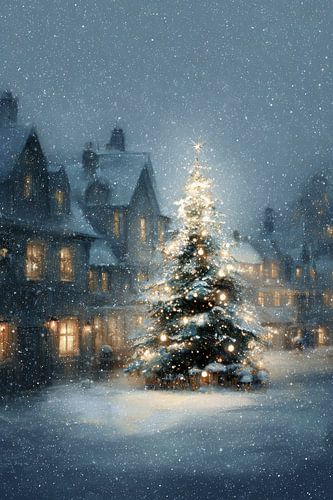 Christmas Tree on Village Square Warm Glow of Light in Snowfall