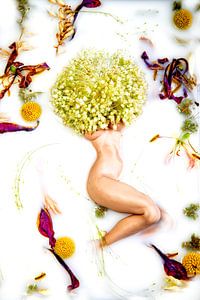 Nackte Frau im Milchbad mit Blumen von Marian Korte
