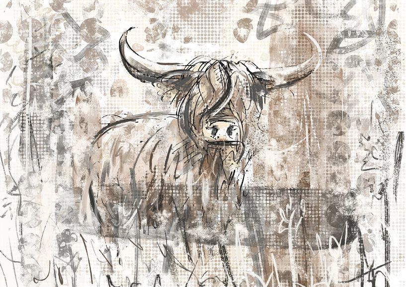 Fraai schilderij van een schotse hooglander. Getekend met inktpen en ingekleurd in aquarel stijl van Emiel de Lange