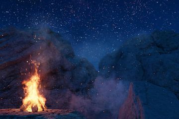 loderndes Lagerfeuer vor Felsen und Sternenhimmel von Besa Art