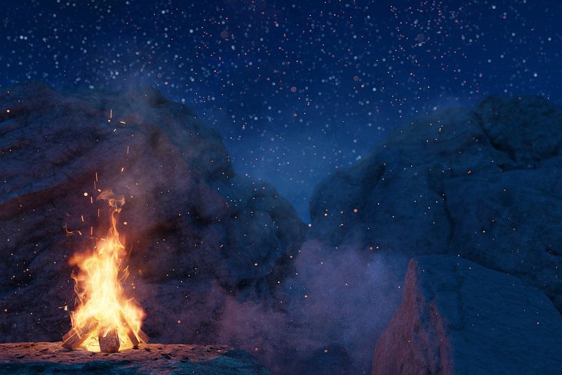 blazing campfire in front of rocks and starry sky by Besa Art