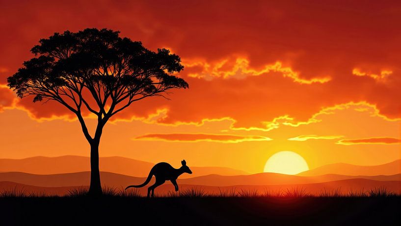 Kangoeroe silhouet bij zonsondergang met acaciaboom van Markus Gann