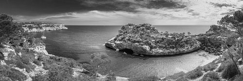 Baai in prachtig landschap op Mallorca in zwart-wit.