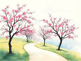 A Serene Cherry Blossom Pathway: Watercolor Spring Landscape with Pink Sakura Trees and Winding Road by Artistic