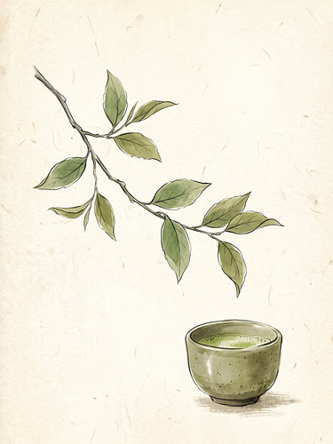 Delicate Matcha Cup Beneath a Graceful Branch of Fresh Tea Leaves