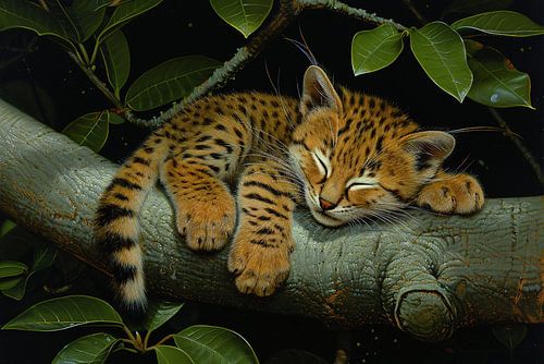 Slapende wilde kat op boomtak