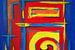 Kleurrijk abstract schilderij met een spiraal van Wieland Teixeira
